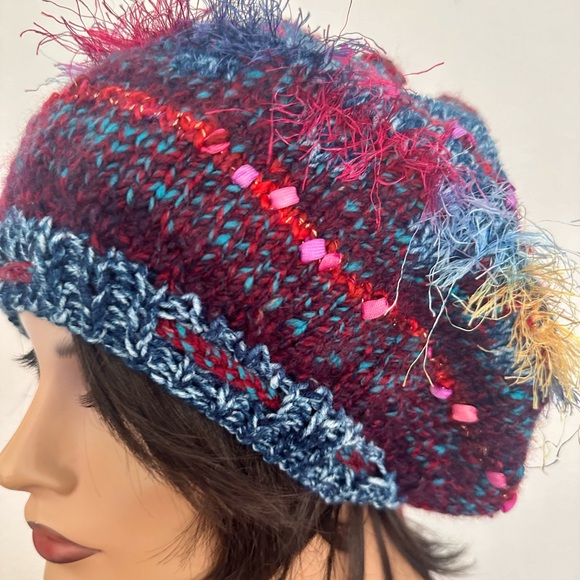 “Hand Knits 2 Love” Slouch Tam Beanie Hat Adjustable Fit Decorative Beads Boho - Picture 3 of 10